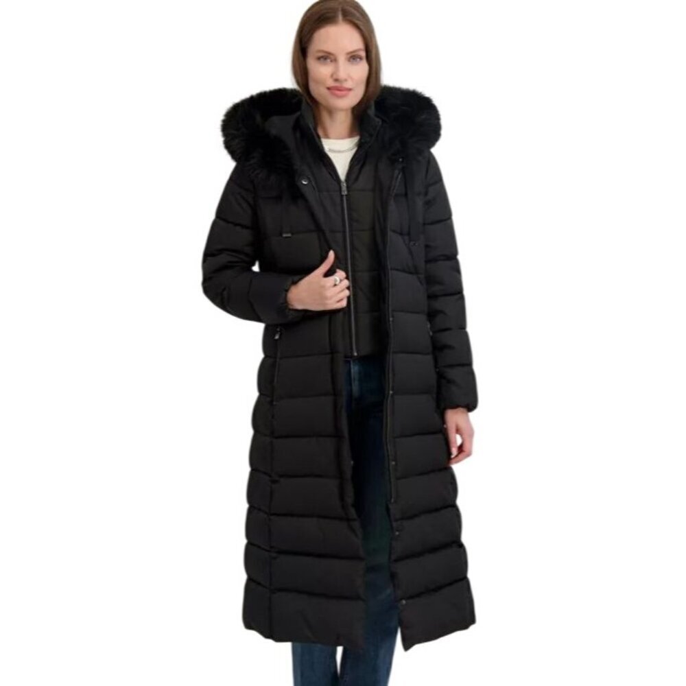 Tahari Black Hooded Fur Quilted Long Puffer Winter Coat Jacket Sz XS NWT